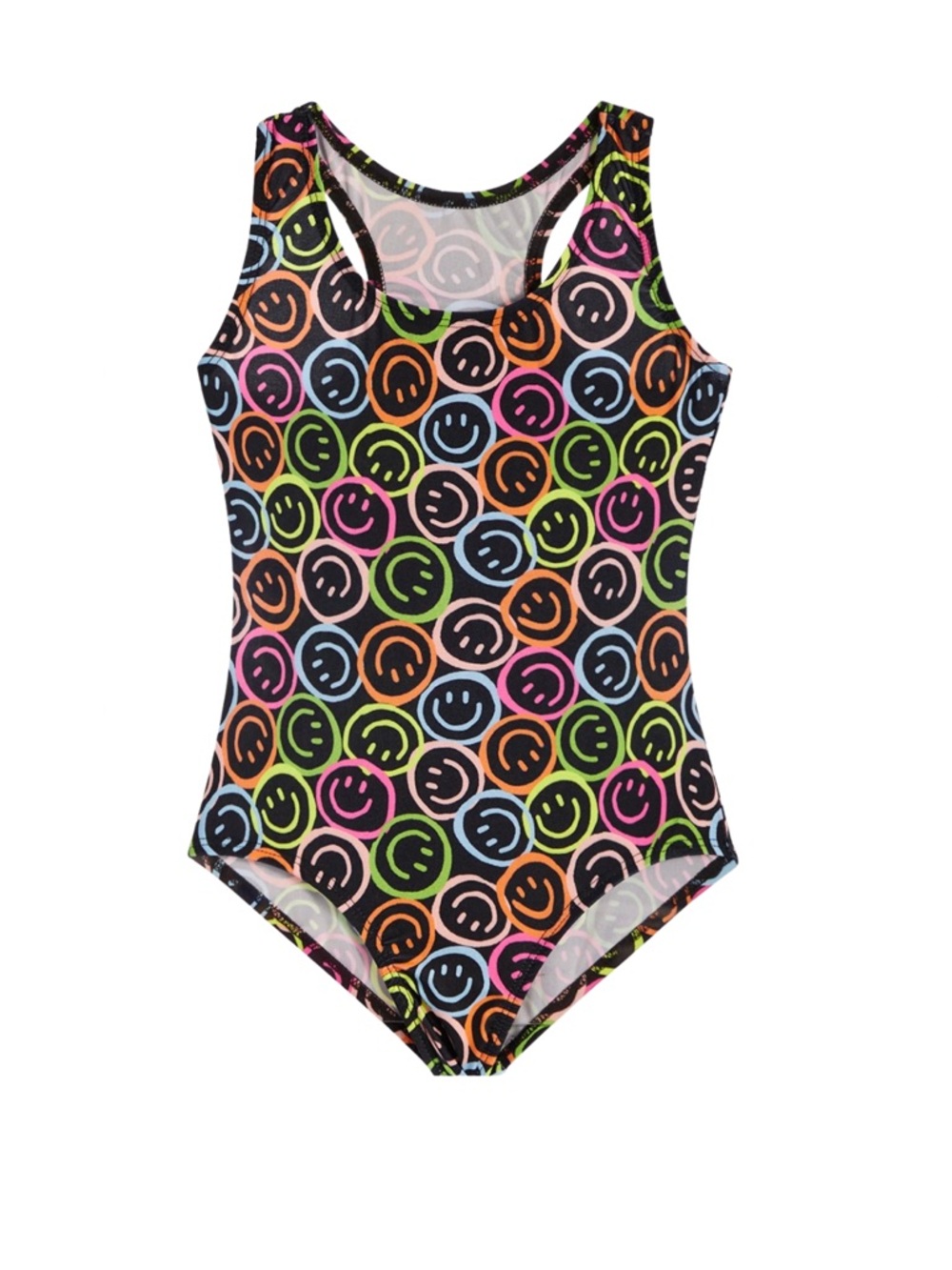 Dori Creations black with neon smiley swimsuit girls size 8/10 EUC